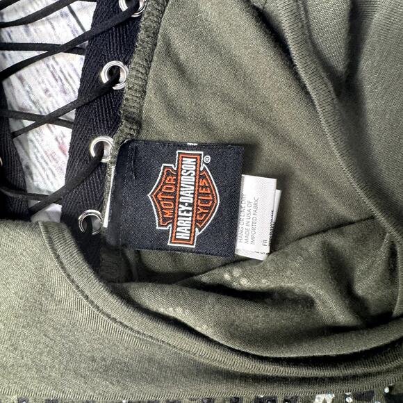 Harley Davidson Olive Green Corset Back Bling Logo Women's Shirt LG - Picture 2 of 3